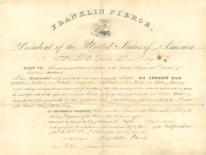 Franklin Pierce signed Appointment to Luther Junkins as Collector of the Customs for the District and Inspector of the Revenue for the Port of York in the State of Maine